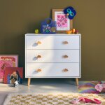 Commode enfant, d�cor bois, 3 tiroirs, pieds et poign�es nuage en pin blanc