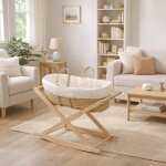 Couffin b�b� en fibres naturelles et habillage tissu avec support en pin massif blanc / orange