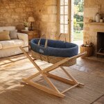 Couffin b�b� en fibres naturelles et habillage tissu avec support en pin massif bleu