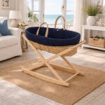 Couffin b�b� en fibres naturelles et habillage tissu avec support en pin massif bleu / blanc