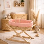 Couffin b�b� en fibres naturelles et habillage tissu avec support en pin massif rose