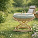 Couffin b�b� en fibres naturelles et habillage tissu avec support en pin massif vert tilleul