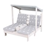 Double chaise longue en bois massif fsc + 4 coussins et pare soleil gris / motif toiles