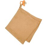 Doudou lange attache t�tine en gaze de coton jeanne camel
