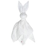 Doudou lapin en gaze de coton jeanne blanc � pois or