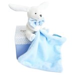 Doudou lapin mouchoir bleu boite fleur bleu