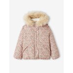 Doudoune courte  capuche imprime fleurs fille lilas clair
