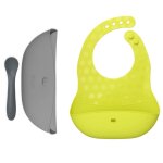 Ensemble 2 bavoirs et cuill�re en silicone jaune, gris
