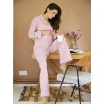 Ensemble 2 pices pyjama de grossesse en flanelle raye motifs coeurs rose nude