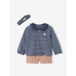 Ensemble 3 pices bb short en velours, t - shirt et bandeau bleu fonc ray