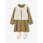 Ensemble 3 pices robe + gilet sherpa + collant fille olive