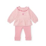 Ensemble b�b� avec blouse � volants en tissu plat et leggings en maille rose
