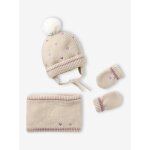 Ensemble b�b� bonnet, snood et moufles coeurs beige dor�
