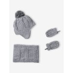 Ensemble b�b� bonnet, snood et moufles gris chin�