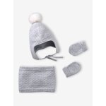 Ensemble b�b� bonnet, snood et moufles gris chin�