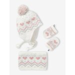 Ensemble bébé fille bonnet + snood + moufles maille jacquard fluffy écru Ensemble bébé fille bonnet + snood + moufles maille jacquard fluffy écru