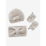 Ensemble bb fille bonnet + snood + moufles noeuds cru