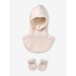 Ensemble b�b� fille cagoule et moufles �cru