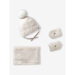 Ensemble b�b� fille tricot bonnet snood moufles �cru