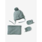 Ensemble bb garon bonnet + snood + moufles basics vert d'eau