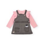 Ensemble bb t - shirt  volants et robe chasuble pingouin rose