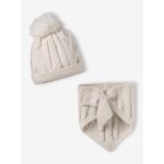 Ensemble b�b� tricot bonnet, moufles et bandana �cru