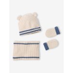 Ensemble b�b� tricot bonnet, snood et moufles �cru