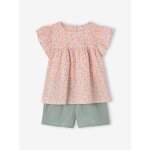 Ensemble blouse imprime et short en gaze de coton fille vert sauge