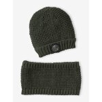 Ensemble bonnet badge dinosaure + snood gar�on kaki