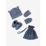 Ensemble bonnet, moufles et chaussons bb naissance et son pochon personnalisable bleu jean