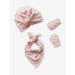 Ensemble bonnet + moufles + foulard bb fille en maille imprime personnalisable bois de rose