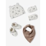 Ensemble bonnet, moufles, foulard et chaussons bb beige