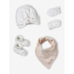Ensemble bonnet, moufles, foulard et chaussons bb rose