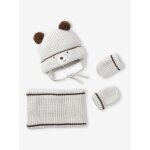 Ensemble bonnet � ourson �, snood et moufles b�b� argile