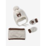 Ensemble bonnet pruvien jacquard ours snood et moufles beige chin