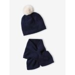 Ensemble bonnet  pompon + charpe fille en maille mousseuse marine