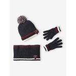 Ensemble bonnet + snood + gants en maille c�tel�e gar�on marine