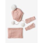 Ensemble bonnet + snood + gants en maille rose poudr