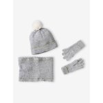 Ensemble bonnet snood gants / mitaines fille gris chin