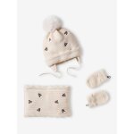 Ensemble bonnet + snood + moufles bébé fille beige poudré Ensemble bonnet + snood + moufles bébé fille beige poudré