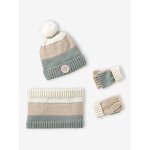 Ensemble bonnet snood moufles / mitaines colorblock fille vert d'eau