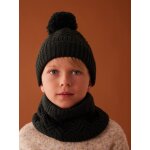 Ensemble bonnet + snood + moufles / mitaines en maille torsade garon vert sapin