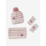 Ensemble bonnet + snood + moufles / mitaines rayures / coeur fille cru