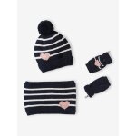 Ensemble bonnet + snood + moufles / mitaines rayures / coeur fille marine