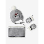 Ensemble bonnet + snood + moufles panda bb garon gris chin