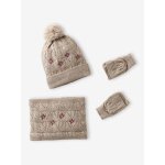 Ensemble brodé fille bonnet + snood + moufles / mitaines en maille ajourée beige doré Ensemble brodé fille bonnet + snood + moufles / mitaines en maille ajourée beige doré