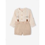 Ensemble crmonie bb : chemise + short + bretelles taupe