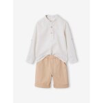 Ensemble cremonie chemise col mao et short garon beige