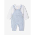 Ensemble crmonie chemise et salopette naissance en lin et coton bleu