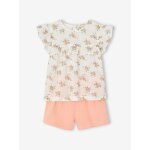 Ensemble de cérémonie fille blouse volantée et short en gaze rose imprimé Ensemble de cérémonie fille blouse volantée et short en gaze rose imprimé